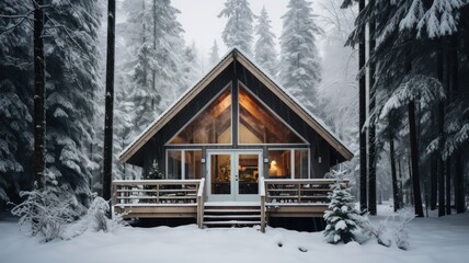 Cottage in a winter forest in cabincore style