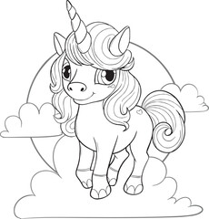 Unicorn cartoon. Black and white lines. Coloring page for kids. Activity Book.