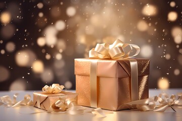 Golden gift box with a bow, wrapped in ribbons of love. Shining single gold box of surprises in the warm glow of a cozy home, perfect for christmas or luxury festive moments background. Generative AI