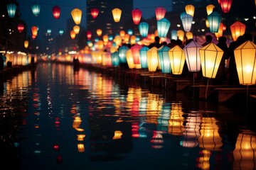 Vibrant chinese new year lantern floating on river, blending with natural surroundings - obrazy, fototapety, plakaty