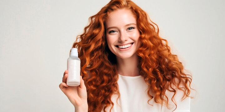 Women faces. A happy woman with red hair in a white T-shirt on a light background. Banner advertising is an empty place. Smile white teeth.Ai