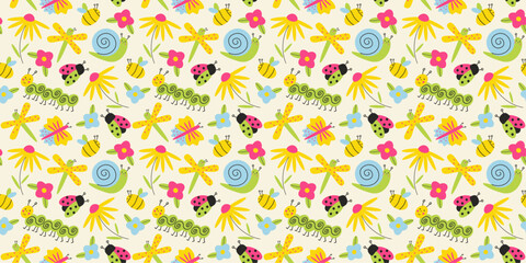Seamless pattren with insects, flat, cartoon, vector image