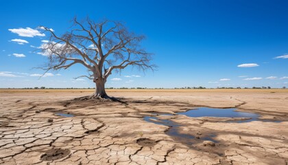 Fototapeta na wymiar Metaphoric representation of drought and global climate change lifeless trees on cracked, arid earth