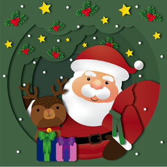 santa claus with christmas gifts, create paper cutout Merry christmas happy new year, green red