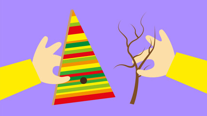 Creating an applique with a Christmas tree. Vector illustration in flat style