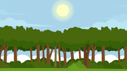 Obraz premium Forest landscape background with trees and sky. Vector illustration. 