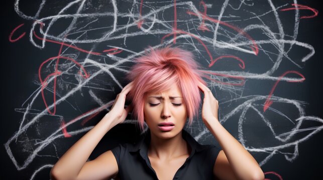 An overwhelmed woman experiencing decision fatigue, clutching her head in distress, with a background of white chaotic scribble lines symbolizing mental confusion and stress.