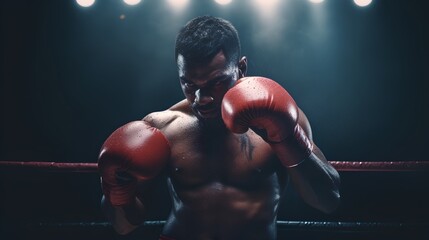 Fototapeta na wymiar A focused male boxer, with gloves on, is captured in a dynamic boxing stance under the dramatic illumination of stage spotlights, ready for a fight.