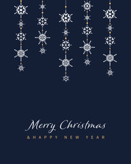 Merry christmas and happy new year, winter holidays card with white snowflakes on blue background.