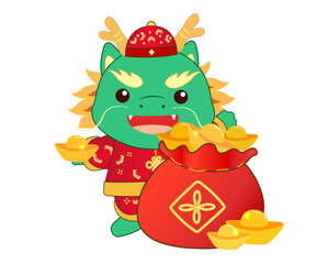 Chinese new year of dragon cute cartoon character holding traditional red money bag full with gold ingot.