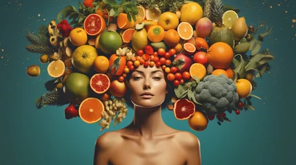 Poster A serene woman surrounded by a vibrant array of fresh fruits artistically arranged to represent a halo, symbolizing a holistic approach to health and wellbeing. © TensorSpark
