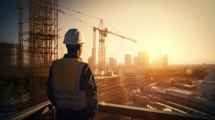 An Engineer working at construction site, real estate project in city. - obrazy, fototapety, plakaty