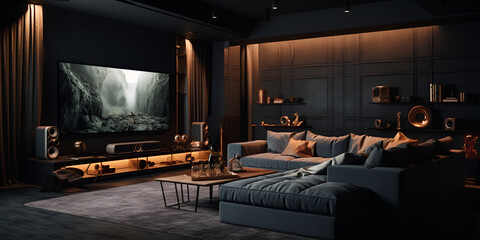 Modern TV Hall: Where Technology Meets Comfort in Luxury,Dark Room Interior Design Delights,AI Generative 