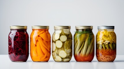 A vibrant collection of assorted fermented foods displayed in clear glass jars, featuring a colorful array of textures and hues from vegetables and fruits, symbolizing healthy probiotic rich cuisine.