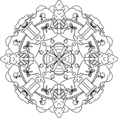 Hand-drawn. Merry Christmas mandala. Doodles art for Christmas or new year card. Coloring page for adult and kids.