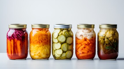 A vibrant collection of assorted fermented foods displayed in clear glass jars, featuring a colorful array of textures and hues from vegetables and fruits, symbolizing healthy probiotic rich cuisine.