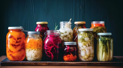 A vibrant collection of assorted fermented foods displayed in clear glass jars, featuring a colorful array of textures and hues from vegetables and fruits, symbolizing healthy probiotic rich cuisine.
