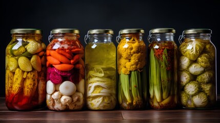 A vibrant collection of assorted fermented foods displayed in clear glass jars, featuring a colorful array of textures and hues from vegetables and fruits, symbolizing healthy probiotic rich cuisine.