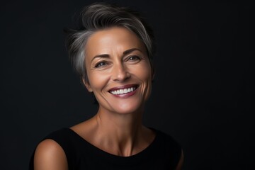 Mature woman with a beautiful smile and happy face. Adult aged woman with healthy and smooth skin. Cosmetics and beauty skincare. Generative AI