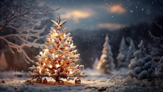 Christmas tree in the winter forest. Beautiful winter landscape with Christmas tree. Christmas scene with copy space. Snowfall. Loop
