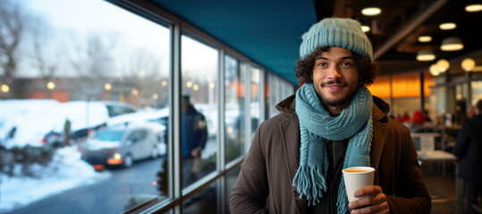 Obraz premium Young adult man wearing winter clothes, holding disposable coffee cup indoors, looking at camera. Generative AI.