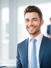 Fototapeta premium Handsome happy businessman smiling in office background