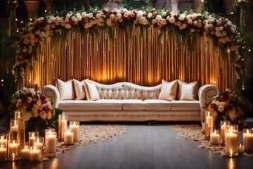 Photo of a beautifully decorated wedding stage with a cozy couch and elegant candles