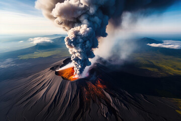 volcanic eruption, dense smoke, hot lava flowing, view of the islands and ocean from above. Generative AI