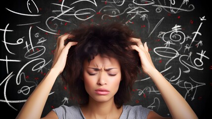 An overwhelmed woman experiencing decision fatigue, clutching her head in distress, with a background of white chaotic scribble lines symbolizing mental confusion and stress.