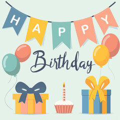 vector happy birthday flags and gifts
