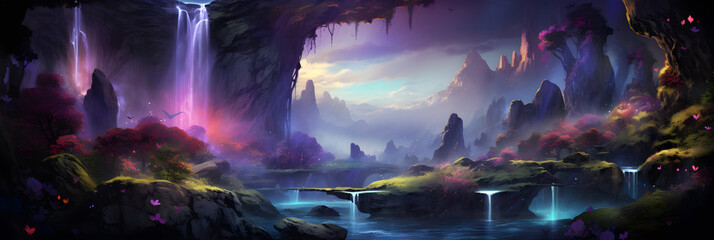 Colourful alien landscape showing mountains and water