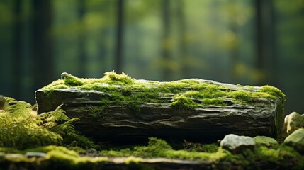 A stone was covered with green moss in the forest. Wildlife landscape. Beautiful, bright green moss Product presentation display mockup natural light- For product display montage of your products.