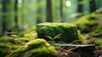 A stone was covered with green moss in the forest. Wildlife landscape. Beautiful, bright green moss Product presentation display mockup natural light- For product display montage of your products.