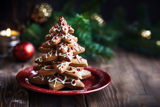 Gingerbread tree on wooden table with Christmas tree in the background. Gingerbread Christmas tree cookies with icing sugar. Tree of ginger cookies on festive table with copy space. Baking for holiday