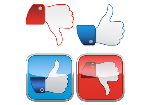 3D illustration of thumb up and down icons isolated on transparent background