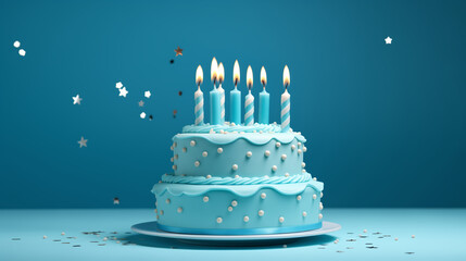 Birthday blue cake with frosting and lit birthday candles ready for a birthday party, blue background, Generative AI - obrazy, fototapety, plakaty