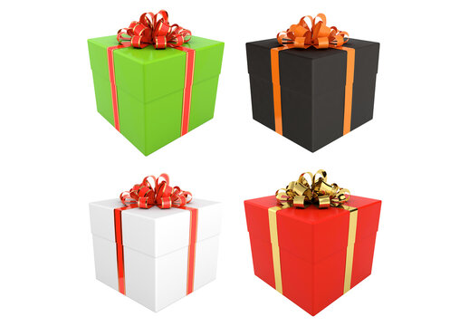 3D illustration of different colored gift boxes isolated on transparent background