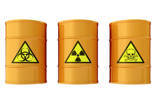 3D illustration of industrial barrels with toxic waste isolated on transparent background