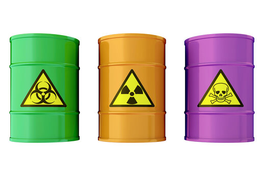 3D illustration of industrial barrels with toxic waste isolated on transparent background
