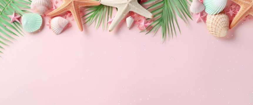 Anamorphic video summer background with sea shell and starfish.