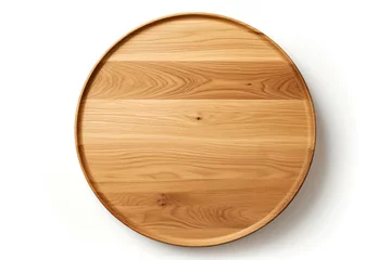 Foto op Plexiglas Oval wooden tray with natural grain patterns on a white background. Kitchen eco utility concept © Cherstva