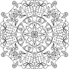 Hand-drawn. Merry Christmas mandala. Doodles art for Christmas or New Year card. Coloring page for adults and kids.