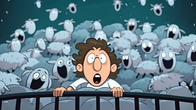 A cartoon character with insomnia is shown tossing and turning in bed, surrounded by animated sheep jumping over fences that fail to help them sleep. 2d animation