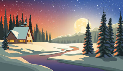 Fantastic winter night landscape with wooden house in snowy forest. Christmas holiday and winter vacations concept