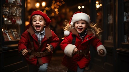 two happy laughing children at christmas time