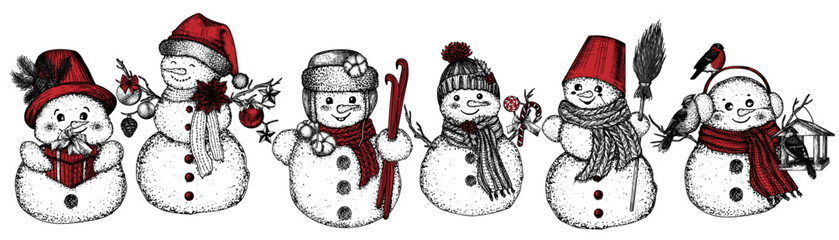 Vector illustration of a set of 6 snowmen in hats and scarves in engraving style