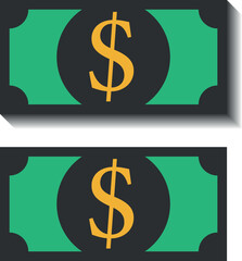 Dollar. American currency. Currency with dollar sign. Simple vector illustration. Black, gold and green colors. Icon or logo.