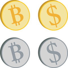 Cryptocurrency. Dollar and bitcoin coins. Gold and silver colors. Money icon in gold and silver colors. Vector illustration.
