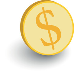 Gold coin. A coin with a dollar sign. Dollar coin. American currency. With a gray shadow on the bottom. Vector illustration.