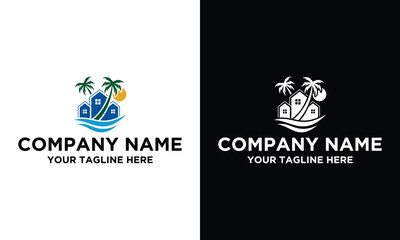 house with palm tree logo vector, tropical beach home or hotel icon design illustration